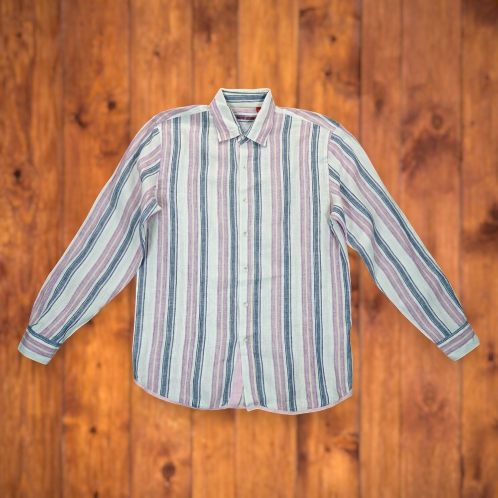 Report‎ Collection Men's Striped Pattern Long Sleeve Medium 100% Linen Colorful